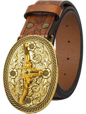 Men Brown-cow Leather Belt Western Cowboy Waist Strap Decoration Floral Engraved